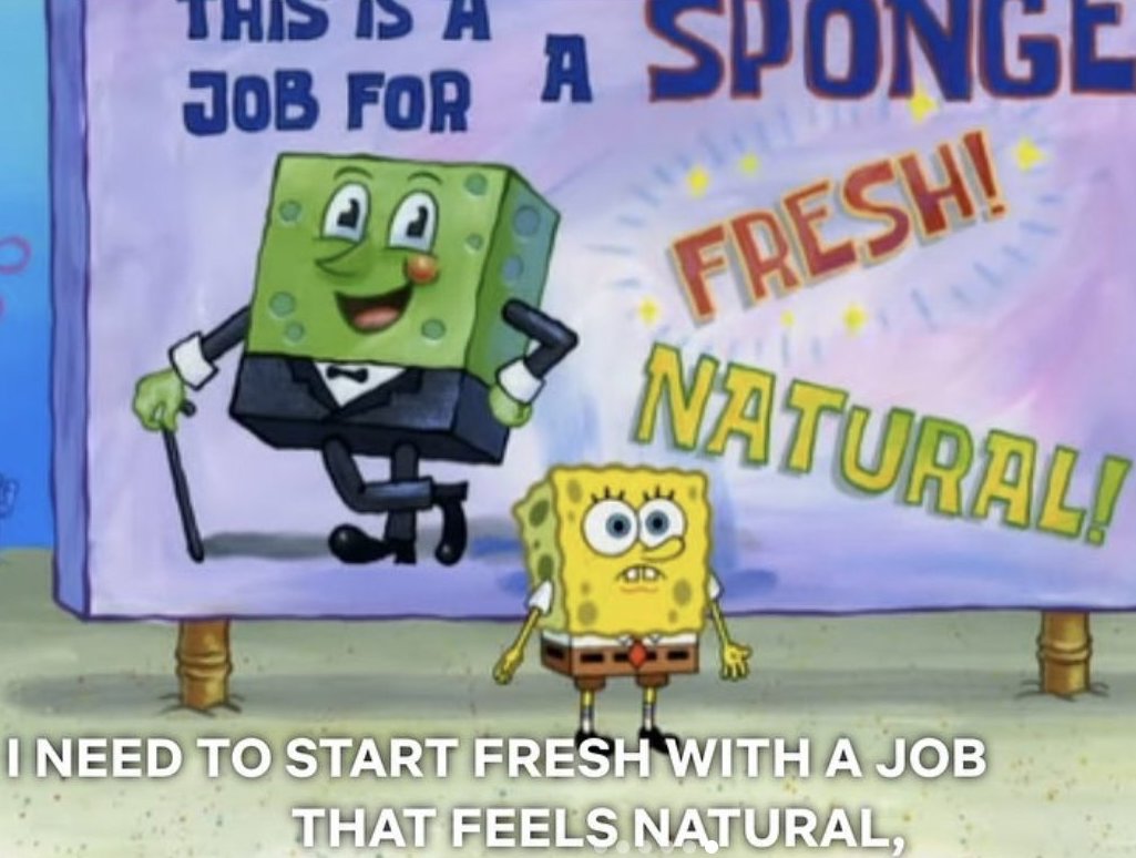 sponge bob standing infront of a banner about a job